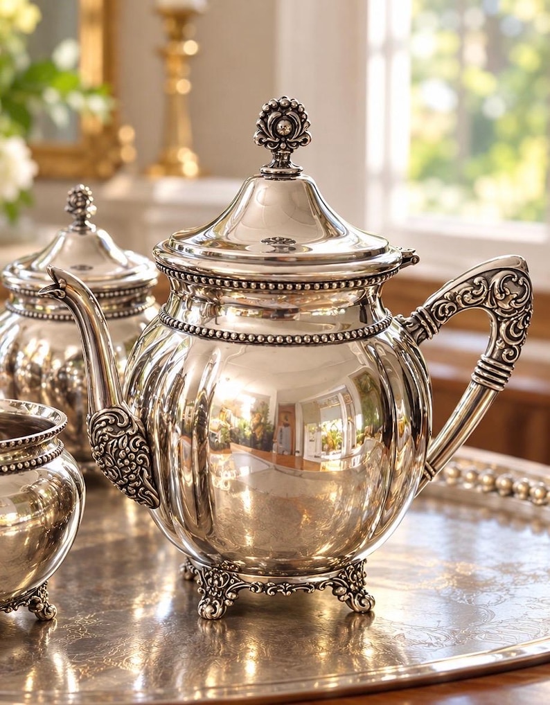 May include: A polished silver teapot featuring a rounded, ribbed body, a decorative finial on the lid, an ornate handle, and a curved spout. The teapot stands on four detailed feet and is accompanied by a matching lidded container and a small bowl.