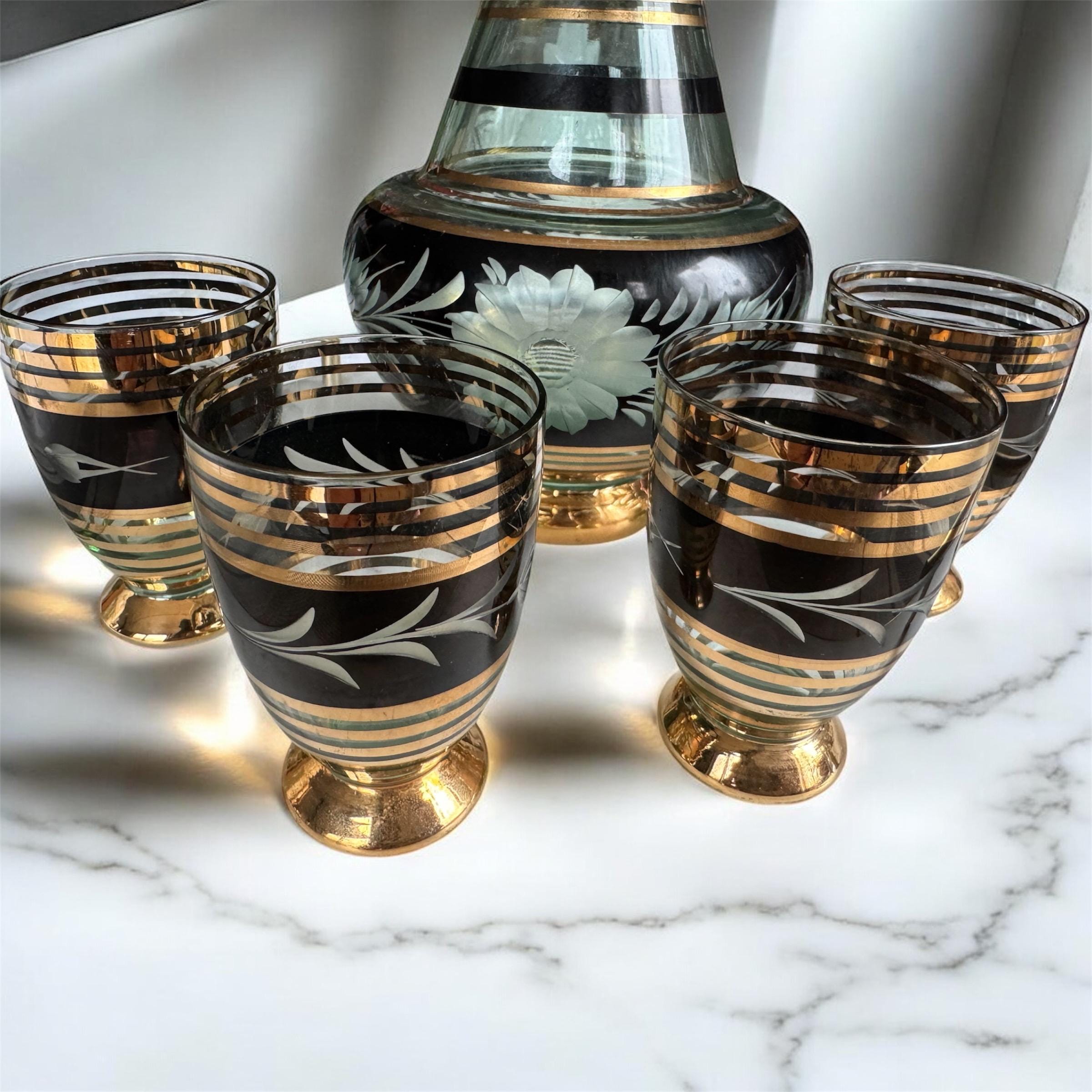 Vintage Bohemia Glass Decanter Set: Hand-Painted 22K Gold, Czechoslovakia