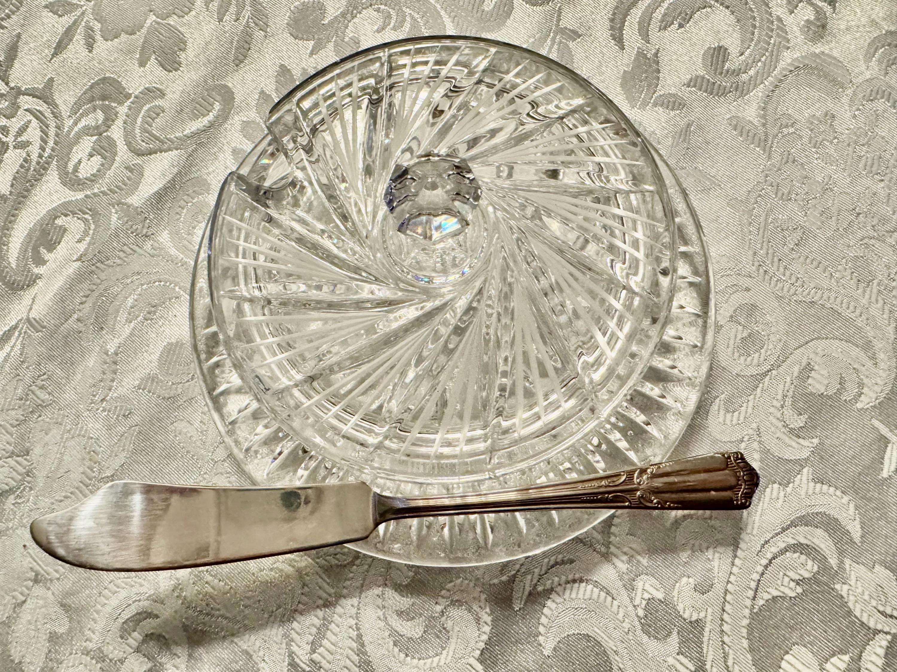 Heavy Crystal Butter Dish + Wallace Silver Lenox (1933) Master Butter Knife