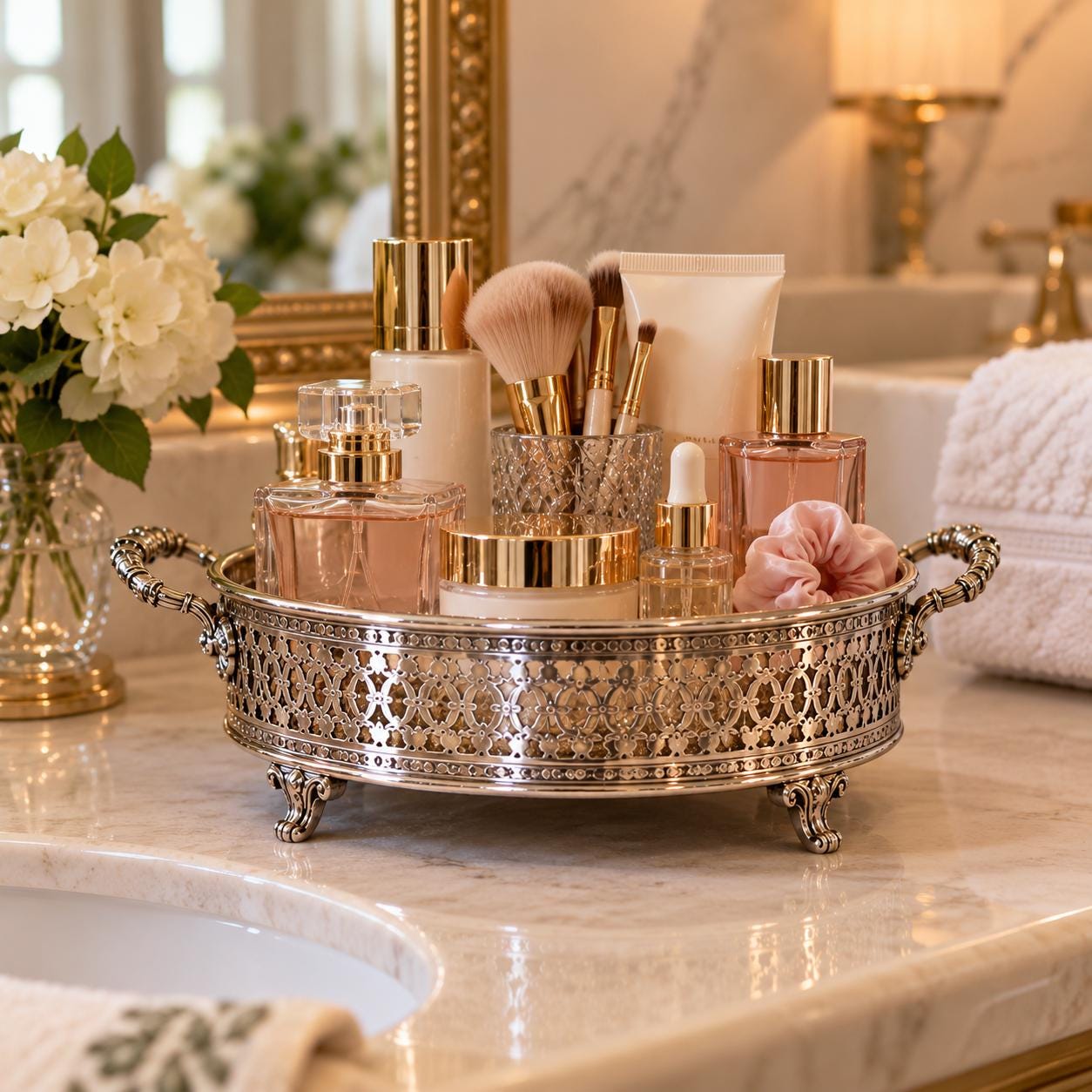 Vintage Silverplate Casserole Holder | Vanity Organizer | Footed Silver Serving Stand | Bathroom Storage