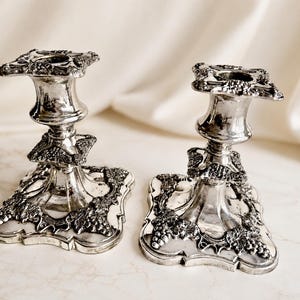 May include: A pair of silver-toned metal candlesticks featuring a square base and top, both decorated with embossed grape and vine leaf motifs. The candlesticks have a polished, reflective finish and a flared stem design with ornate detailing.