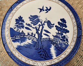 Vintage Royal Doulton Booths Real Old Willow Cake Plate - 11" Gold Rim