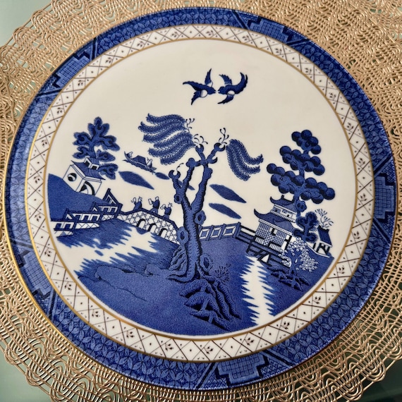 Vintage Royal Doulton Booths Real Old Willow Cake Plate - 11" Gold Rim