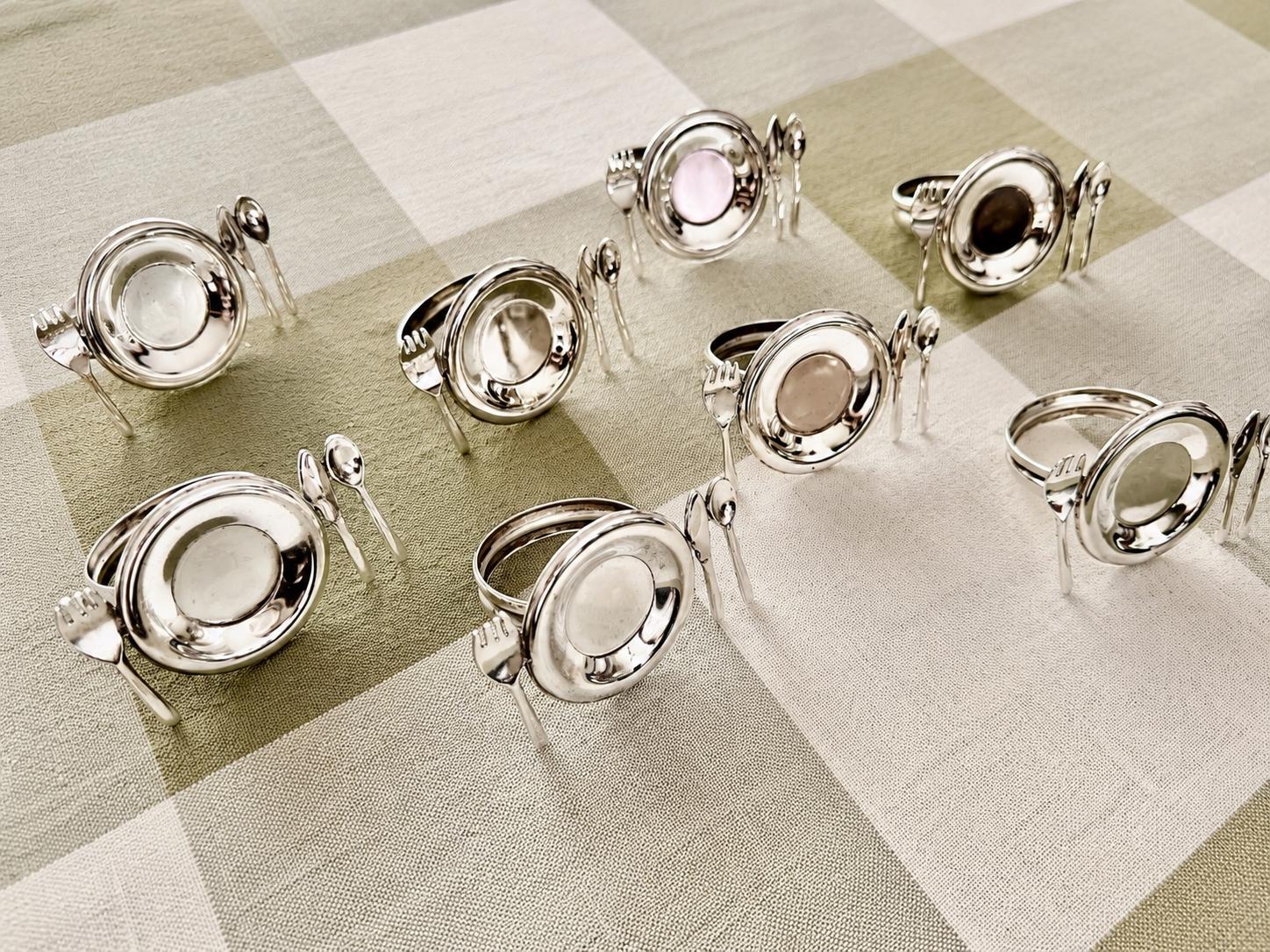 Vintage Silverplate Napkin Rings with Miniature Cutlery Accents – Set of 8 Elegant Table Setting Holders