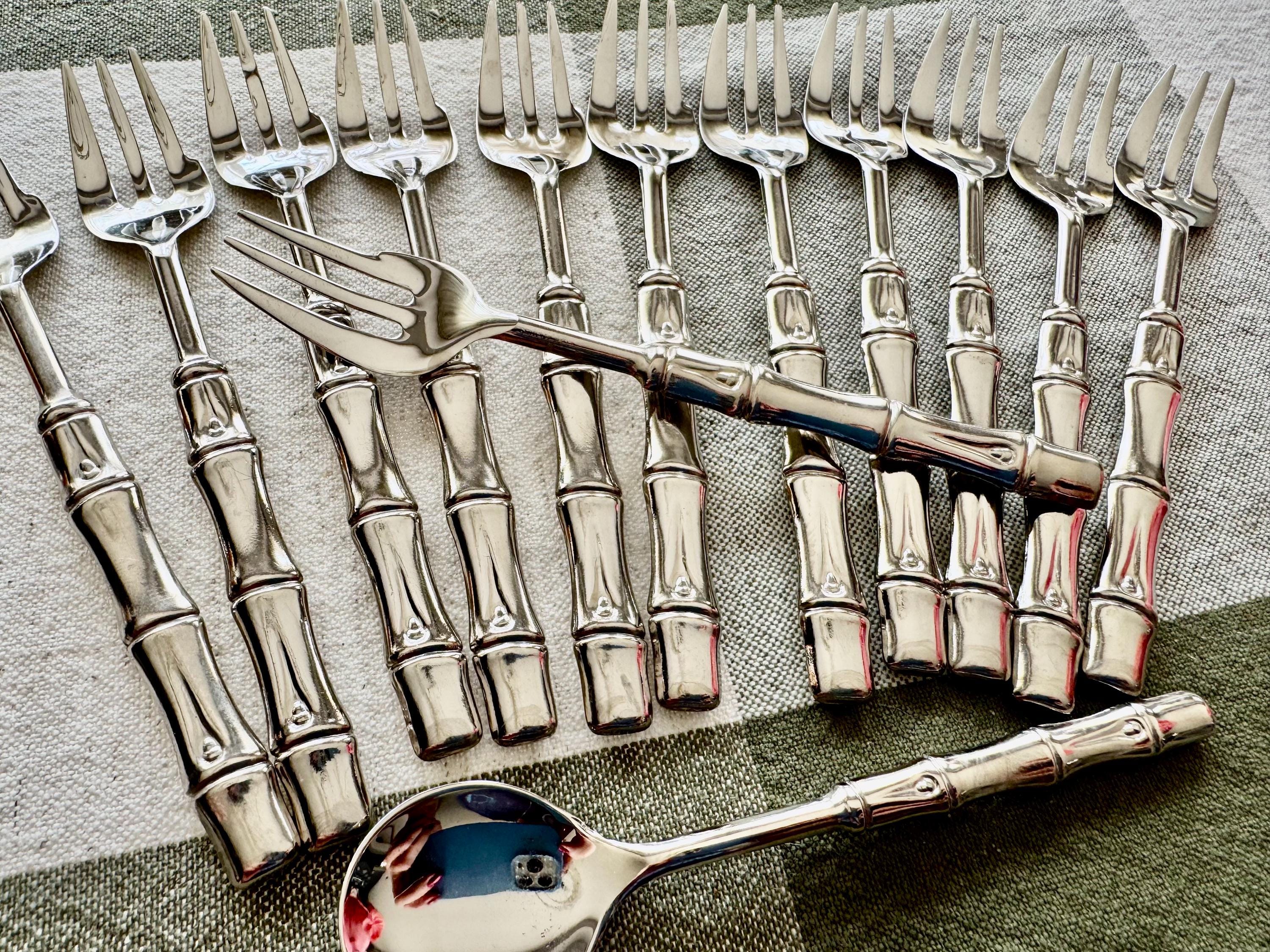 Vintage Italian Silver Plated Bamboo Flatware Set – 12 Hors d’Oeuvres Forks & Sugar Spoon