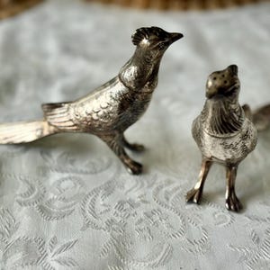 May include: Two silver-colored bird-shaped salt and pepper shakers. The birds have detailed feather and beak designs. One bird is upright, and the other is angled with its tail extended. The shakers are on a white patterned surface.