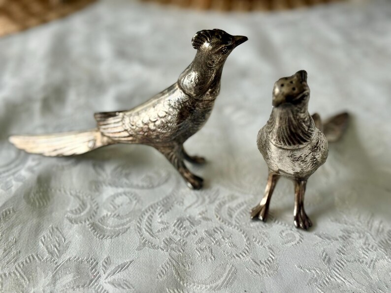 May include: Two silver-colored bird-shaped salt and pepper shakers. The birds have detailed feather and beak designs. One bird is upright, and the other is angled with its tail extended. The shakers are on a white patterned surface.
