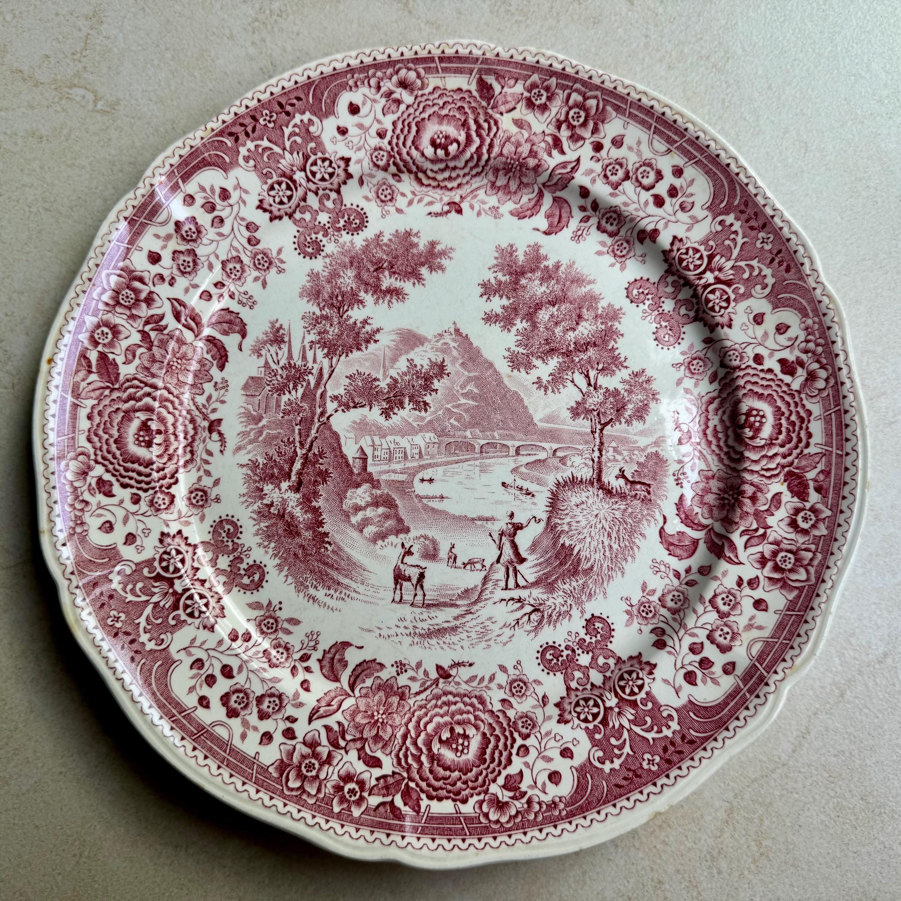 Vintage Red Green Transferware Plate Set: Eclectic Cottagecore Wall Gallery