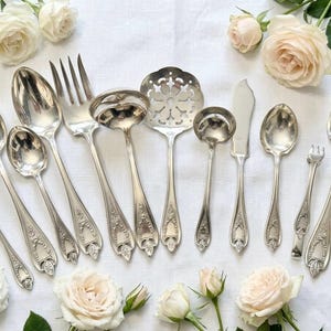 May include: A collection of silver-toned flatware including various spoons, forks, a ladle, a slotted serving spoon, and a knife. Each piece features an ornate, embossed handle design. The set is arranged on a white fabric surface with pale roses.