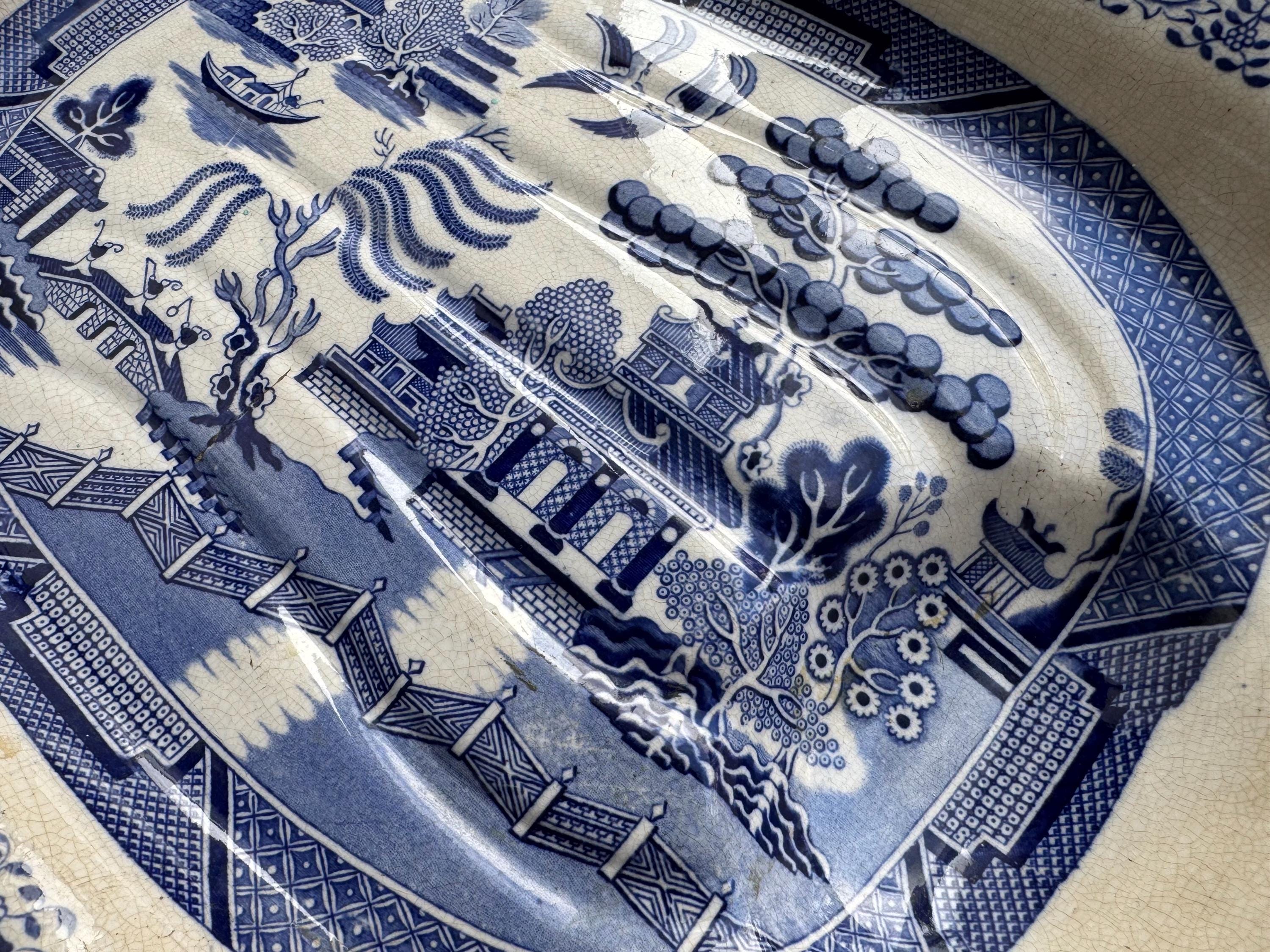 Antique Circa 1840 English Blue Willow “Well & Tree” Meat Platter – Monumental 19th-Century Serving Dish