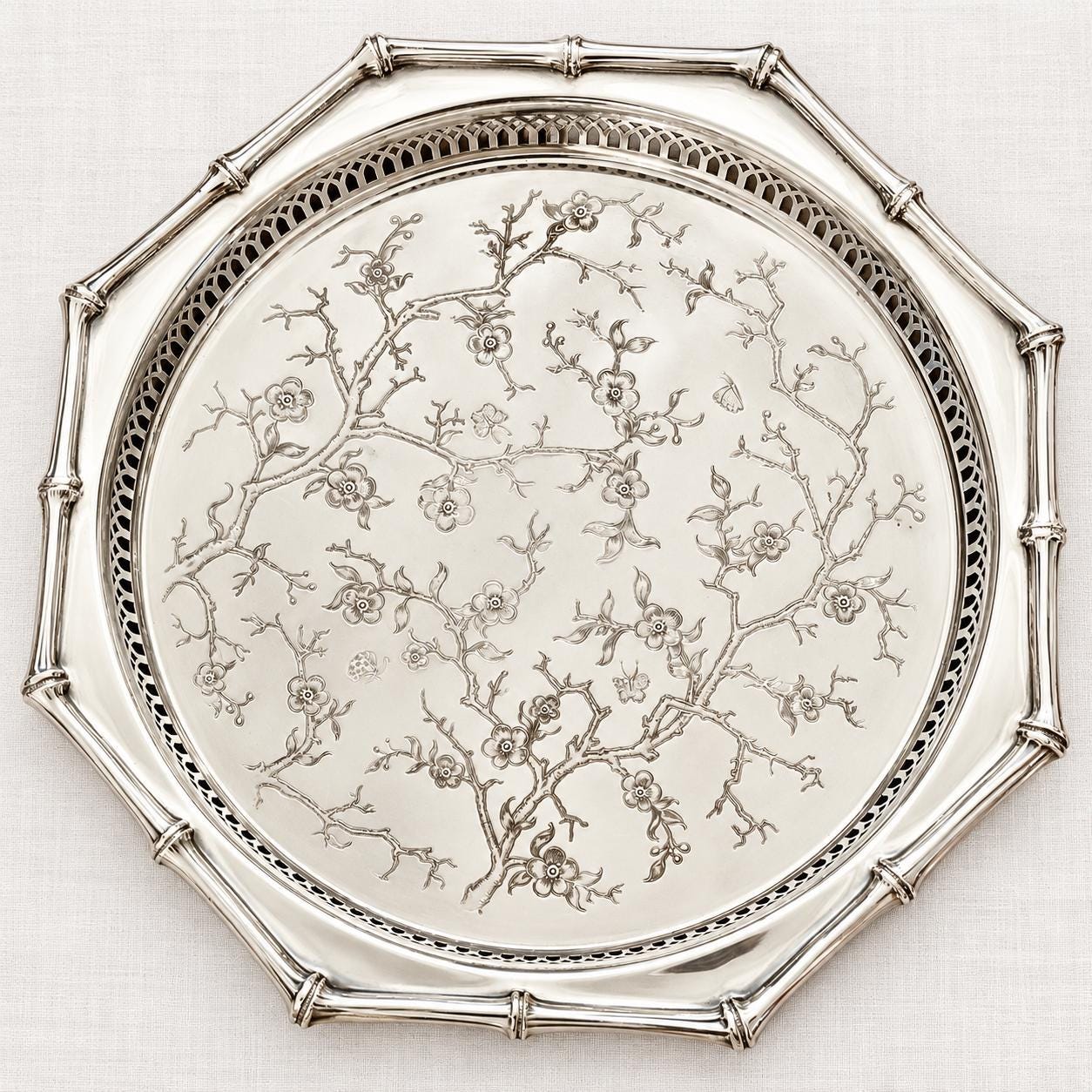 Vintage Marlboro Plate Morton-Parker Silverplate Tray — Floral Chinoiserie Bamboo Rim — Made in Canada