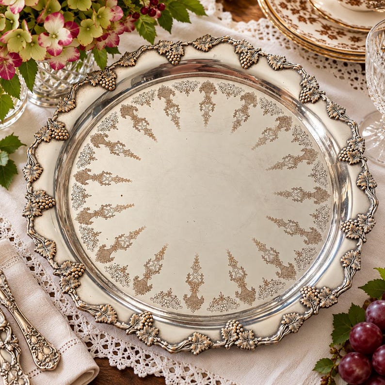 May include: A round silver serving tray featuring an ornate border with raised grape and leaf motifs. The center of the tray is polished silver with a circular pattern of etched, light-colored decorative filigree designs.
