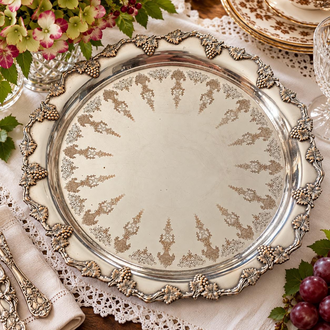 Vintage Roden Brothers Silverplate Tray | 12” Grape Vine E.P. on Copper Heavy Serving Tray