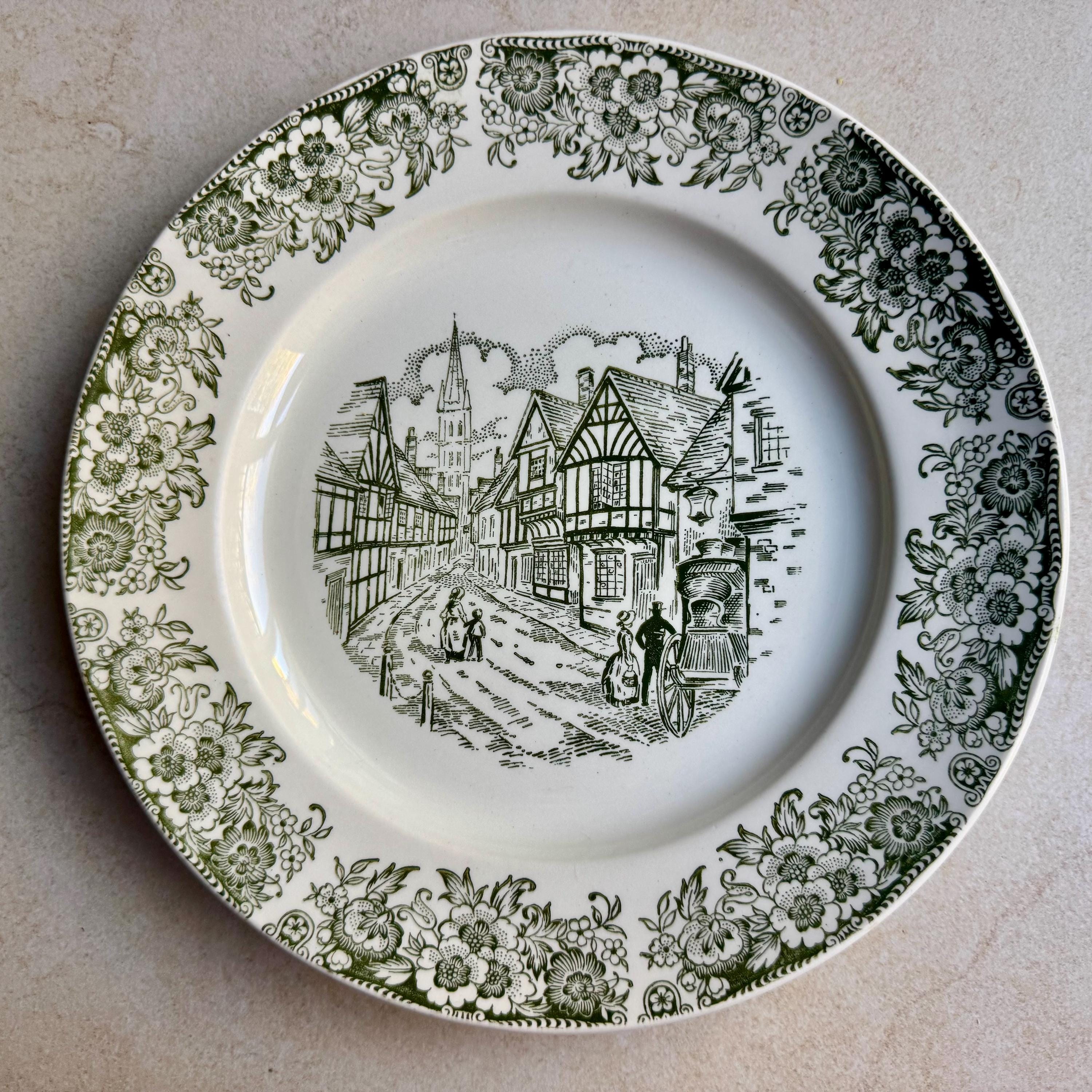 Vintage Scenic Transferware Wall Plates Set of 7, English Country Cottage Gallery Wall Decor