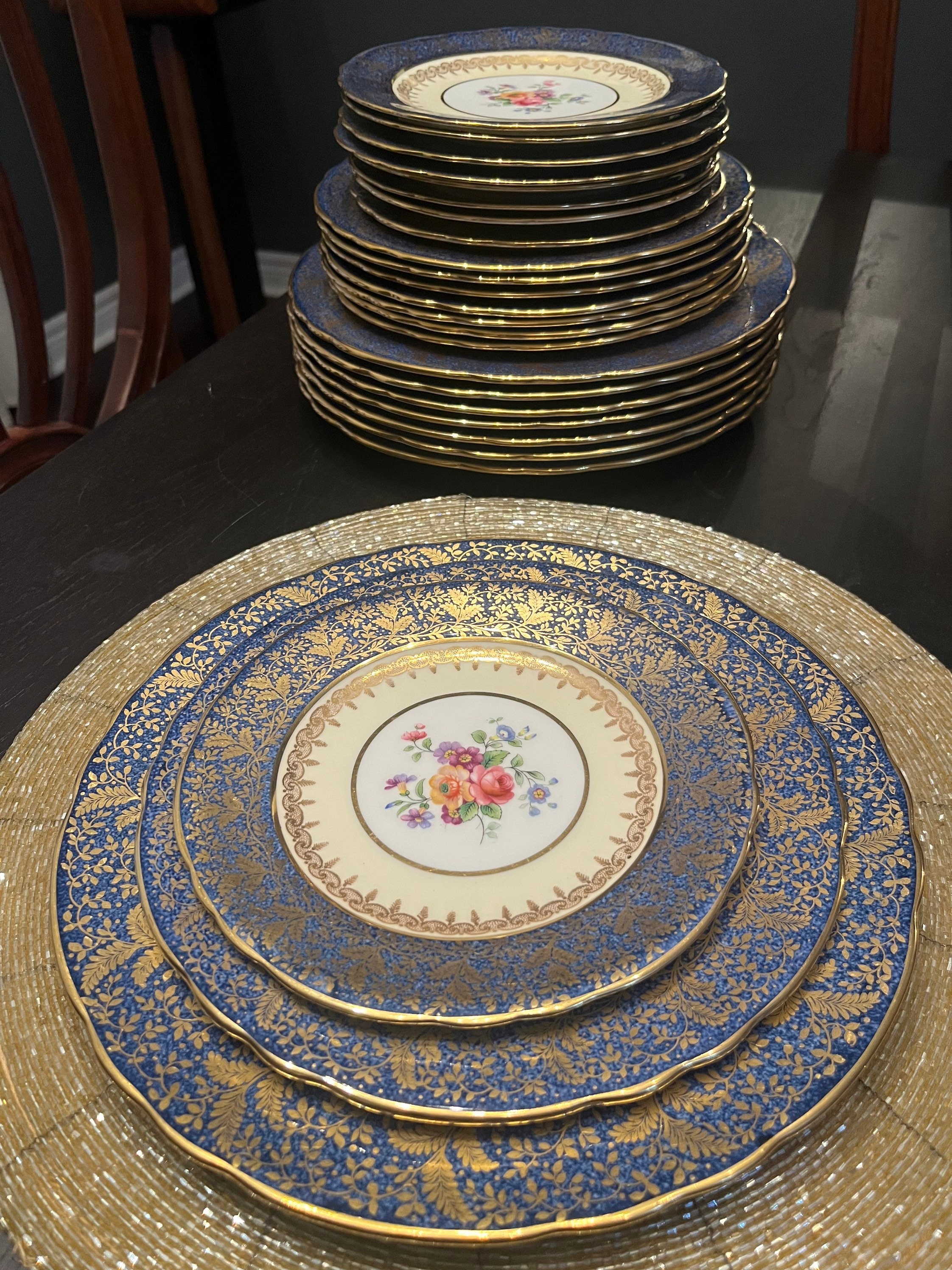 Vintage Aynsley Cobalt Blue Gold Encrusted Fine Bone China Dinner Set for Two