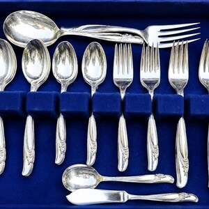 May include: A set of silver-toned flatware arranged in a blue velvet-lined case. The collection includes four spoons, four forks, one serving spoon, one serving fork, one small spoon, and one butter knife, all featuring a decorative floral handle design.