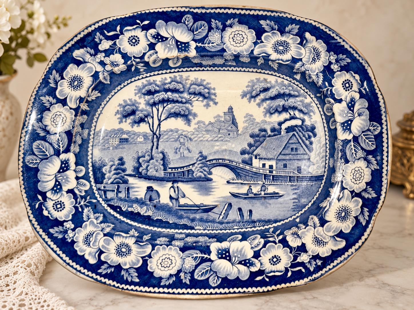 Rare Unique Antique Blue & White Transferware Wall Plate Collection – 5-Piece Assortment