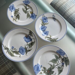 K&ouml;nnte beinhalten: Vier wei&szlig;e Keramikteller mit blauem Blumendesign. Jeder Teller zeigt blaue Prunkwinden, gr&uuml;ne Bl&auml;tter und einen hellblauen Rand. Einige Teller haben Schmetterlings- und Bienenakzente.