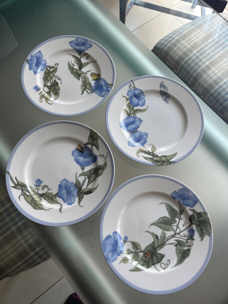 K&ouml;nnte beinhalten: Vier wei&szlig;e Keramikteller mit blauem Blumendesign. Jeder Teller zeigt blaue Prunkwinden, gr&uuml;ne Bl&auml;tter und einen hellblauen Rand. Einige Teller haben Schmetterlings- und Bienenakzente.