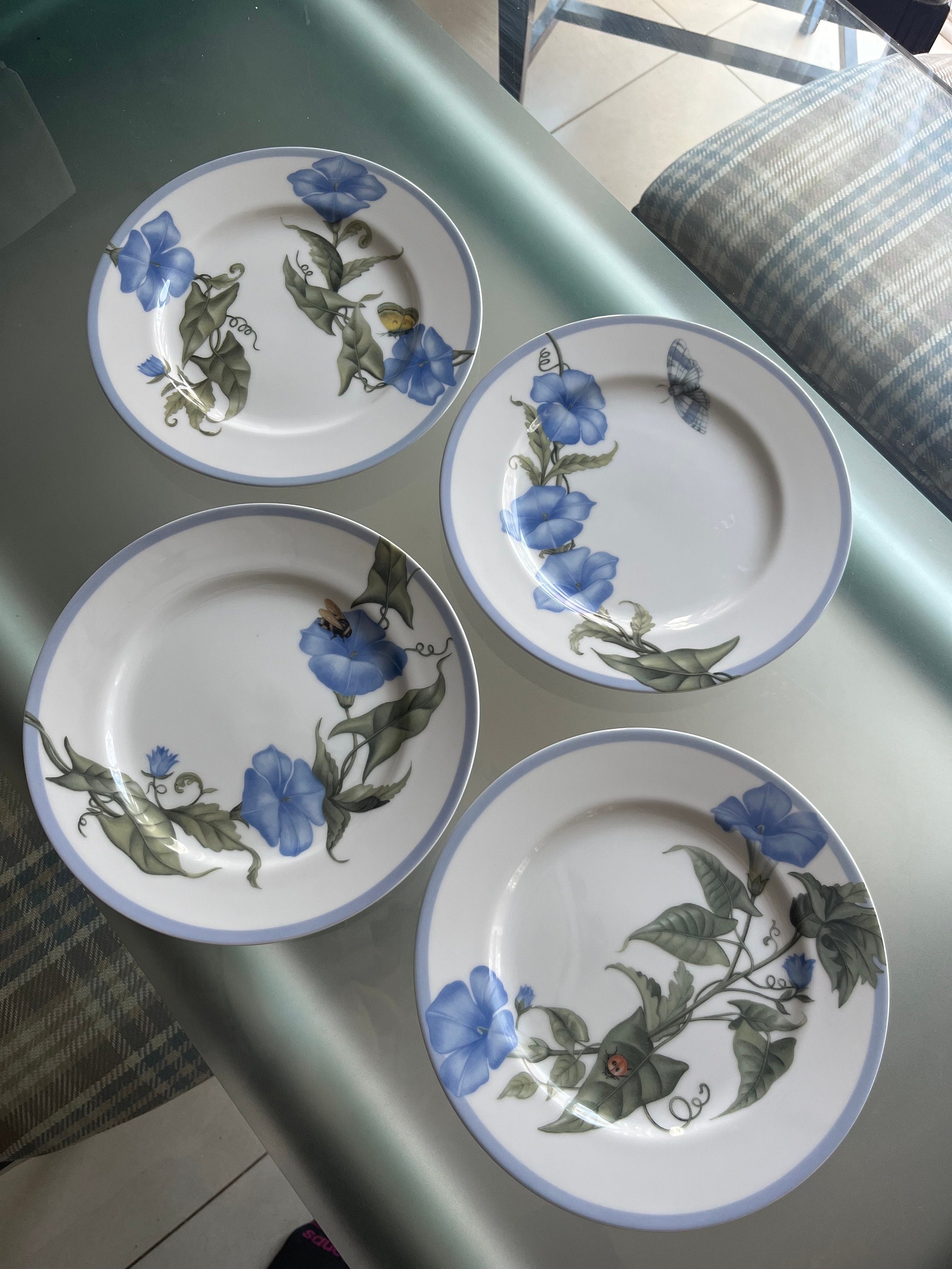 Williams-Sonoma - Set of 4 Salad Plates 8” Spring Blue Flowers & Bugs - Made in Japan