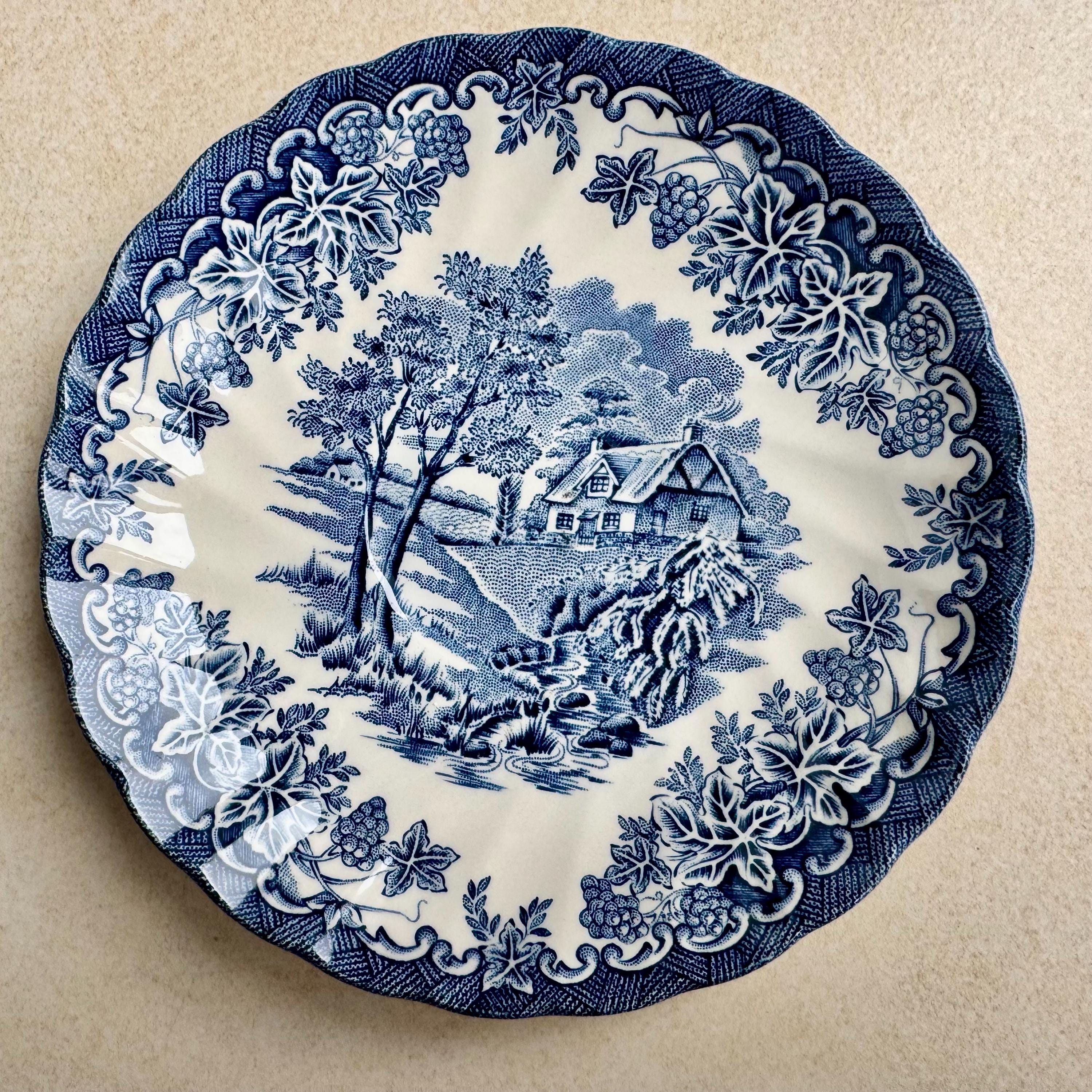 Rare Unique Antique Blue & White Transferware Wall Plate Collection – 5-Piece Assortment