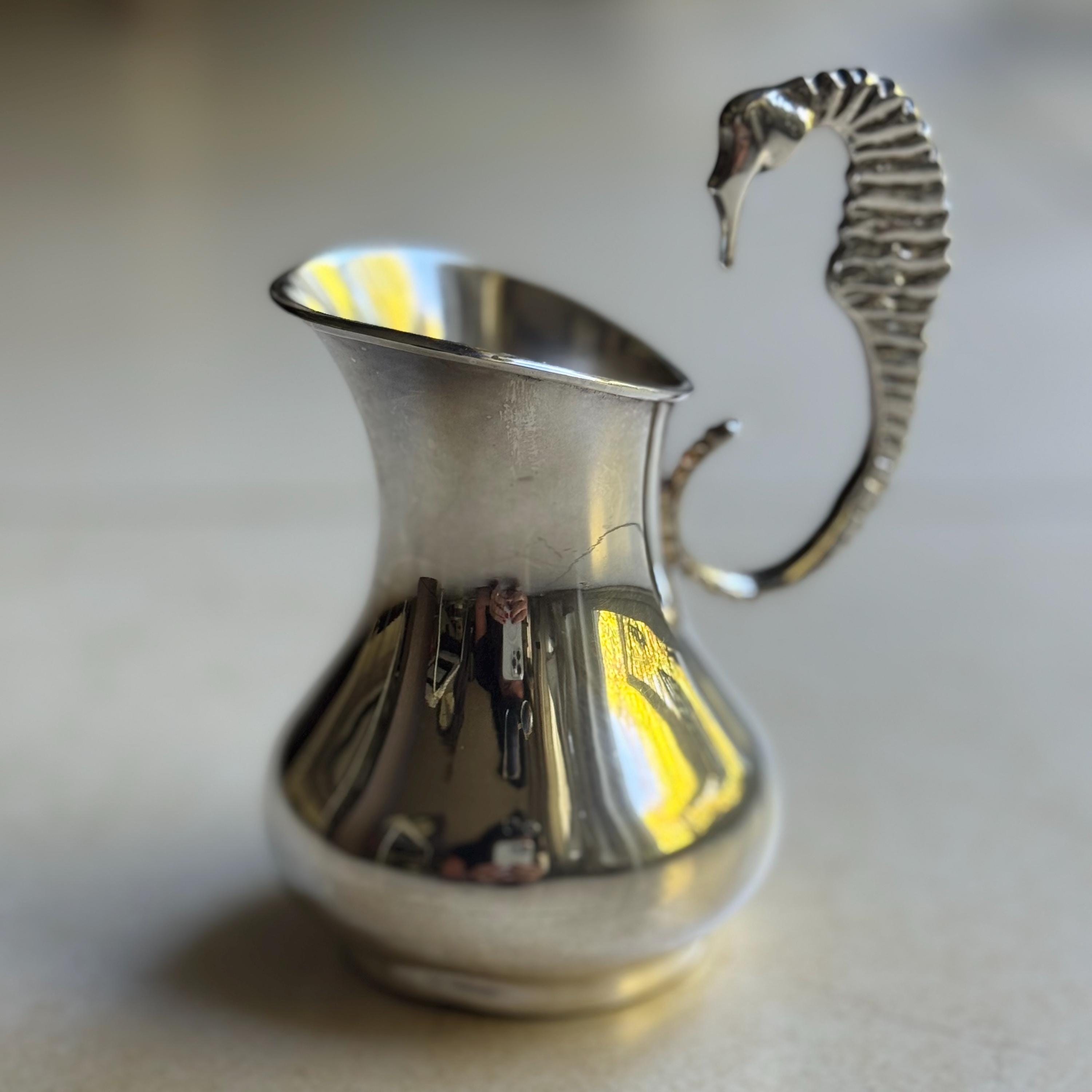 Vintage Los Castillo Silver-Plated Pitcher – Seahorse Handle, Mid-Century Mexican