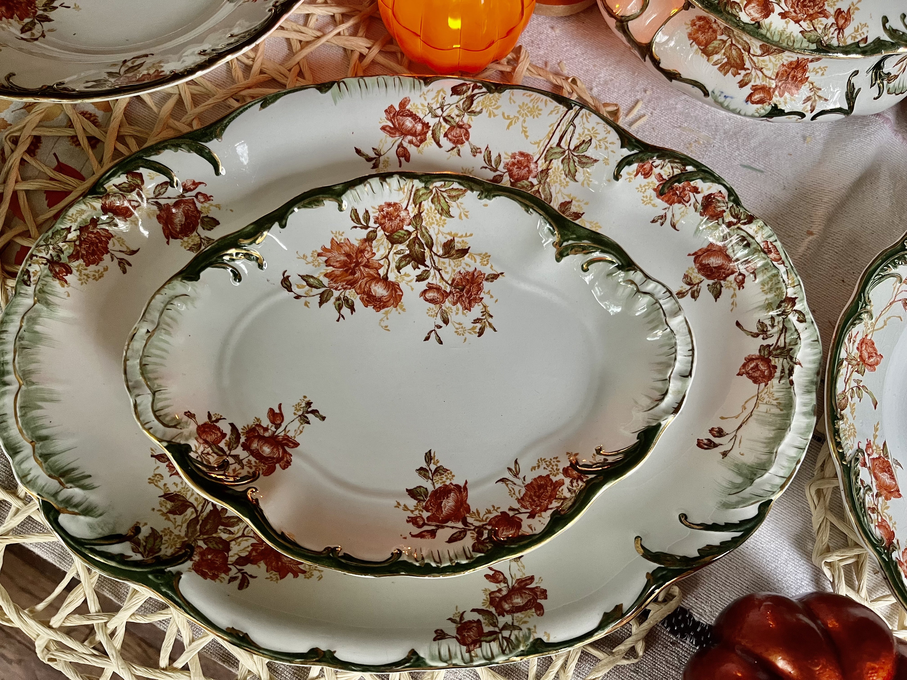 Antique Ridgway England Floral Dining Ensemble: Green & Gold, 6-Piece Set