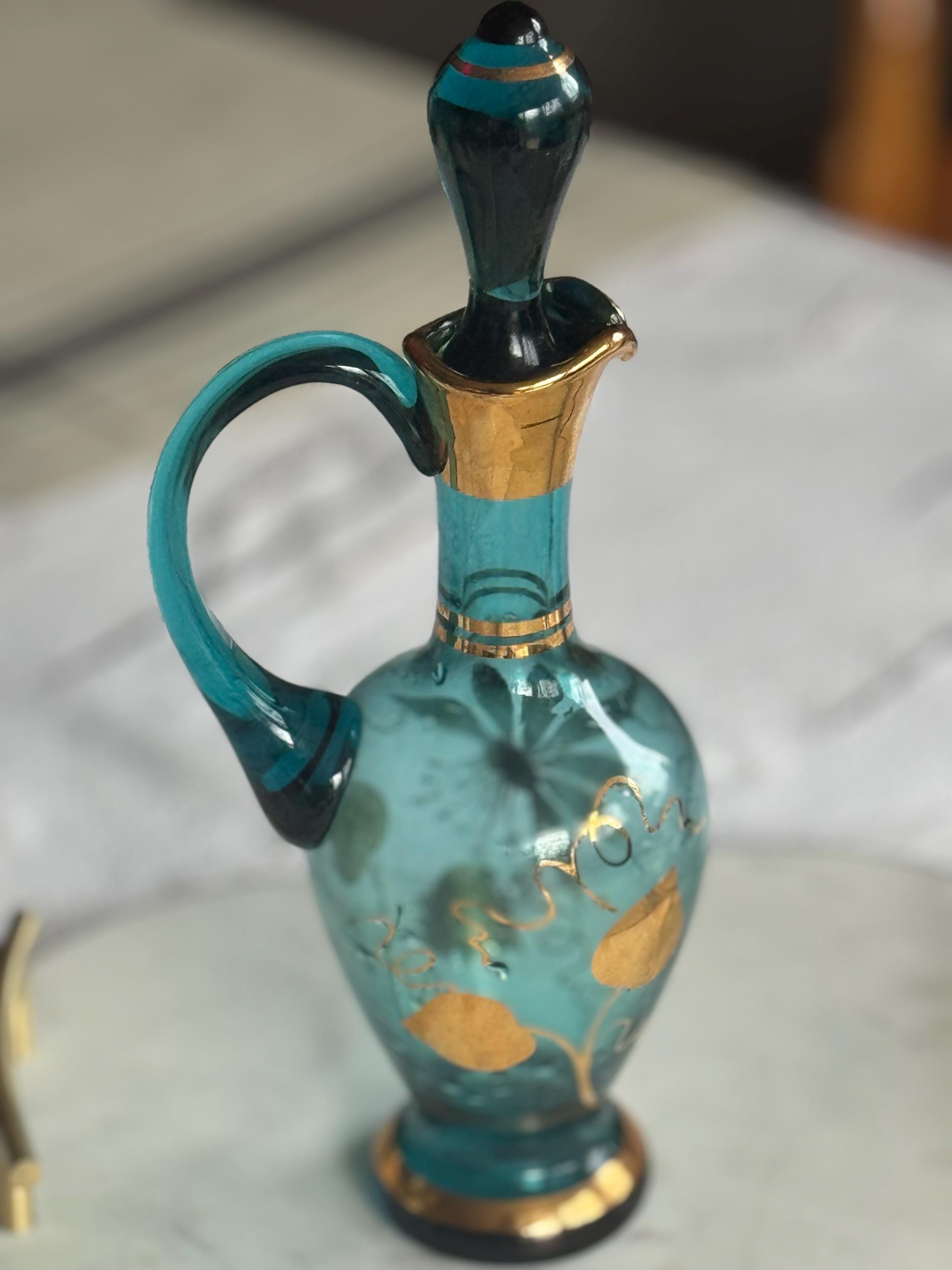 Vintage Bohemia Glass Decanter: Teal Blue, 22K Gold Floral Ewer
