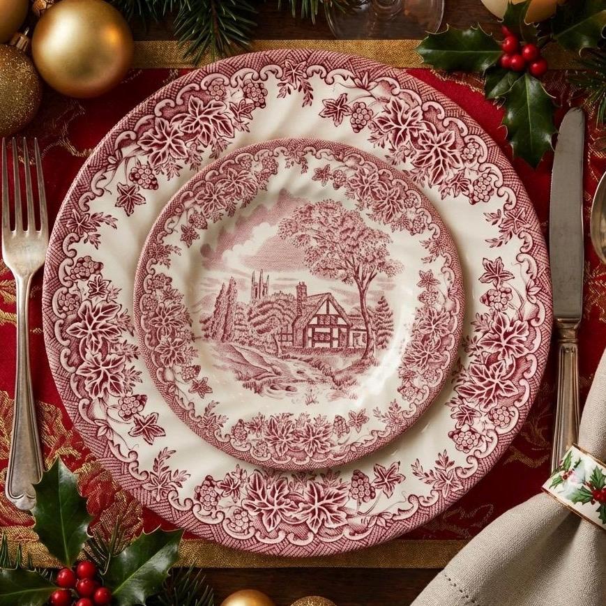 Vintage Churchill England Dinnerware - The Brook in Pink - Dishes Custom Sets - Christmas Table