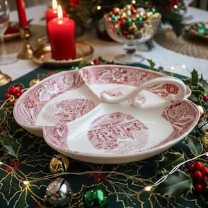Vintage Woods & Sons “Woodland” Red Transferware Divided Serving Dish – England image 1