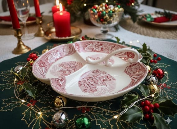 Vintage Woods & Sons “Woodland” Red Transferware Divided Serving Dish – England