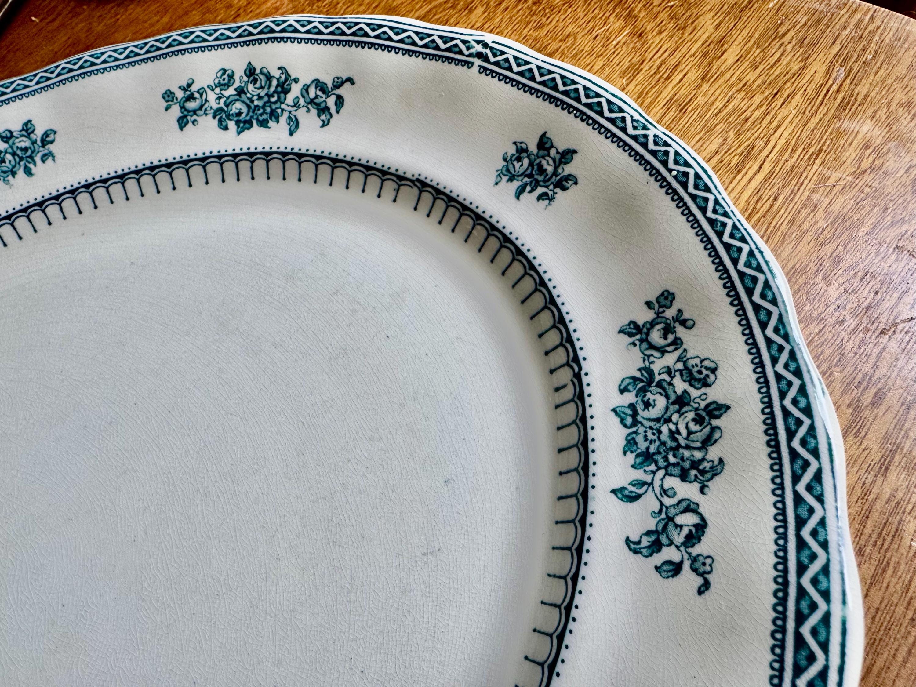Antique English Platters — Ridgway Alexis or Losol Ware Shrewsbury — Rare Teal Transferware — England