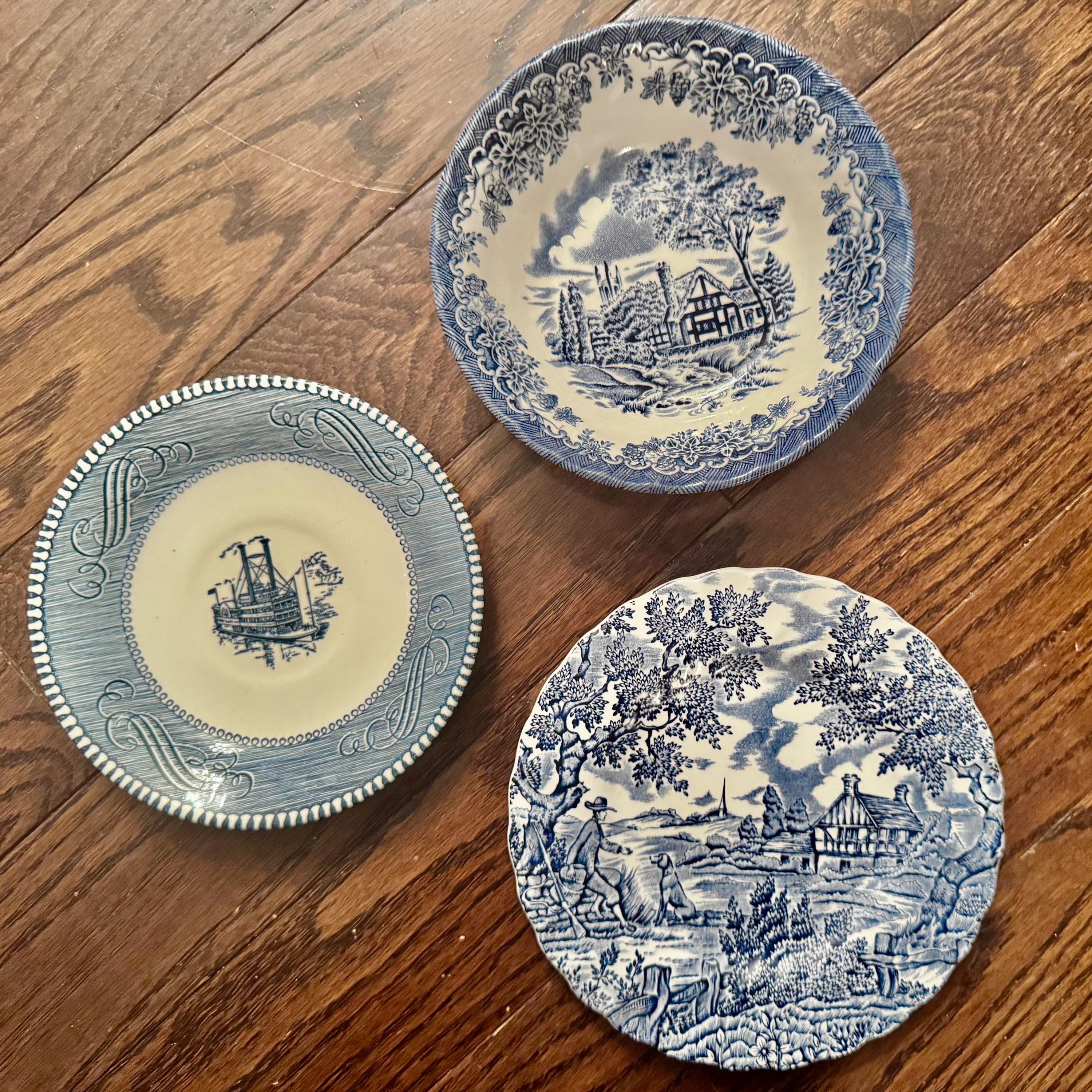 Vintage Blue & White Transferware Plates – English Countryside Scenes, Set of 7