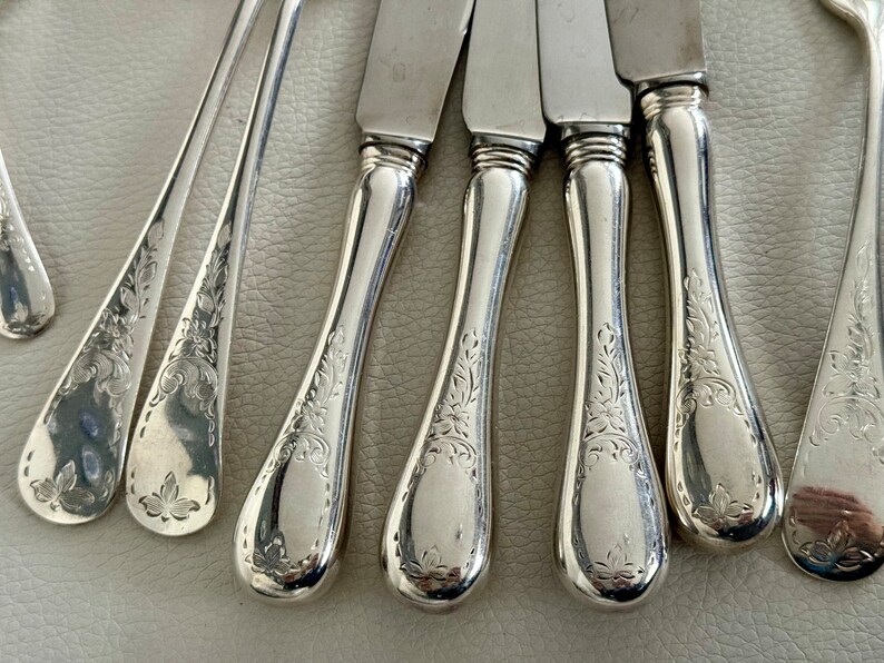 May include: Close-up of a collection of silver cutlery, including knives and spoons. The handles feature an ornate floral design. The silverware is arranged on a light-colored surface, reflecting the light.