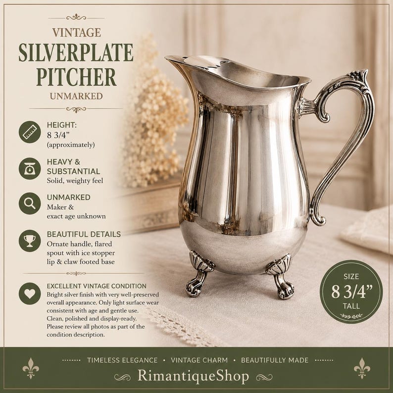May include: A silverplate pitcher with a bright finish, featuring an ornate handle, a flared spout with an ice stopper lip, and a claw-footed base. The pitcher stands 8 3/4 inches tall and is unmarked, showing light surface wear consistent with age.