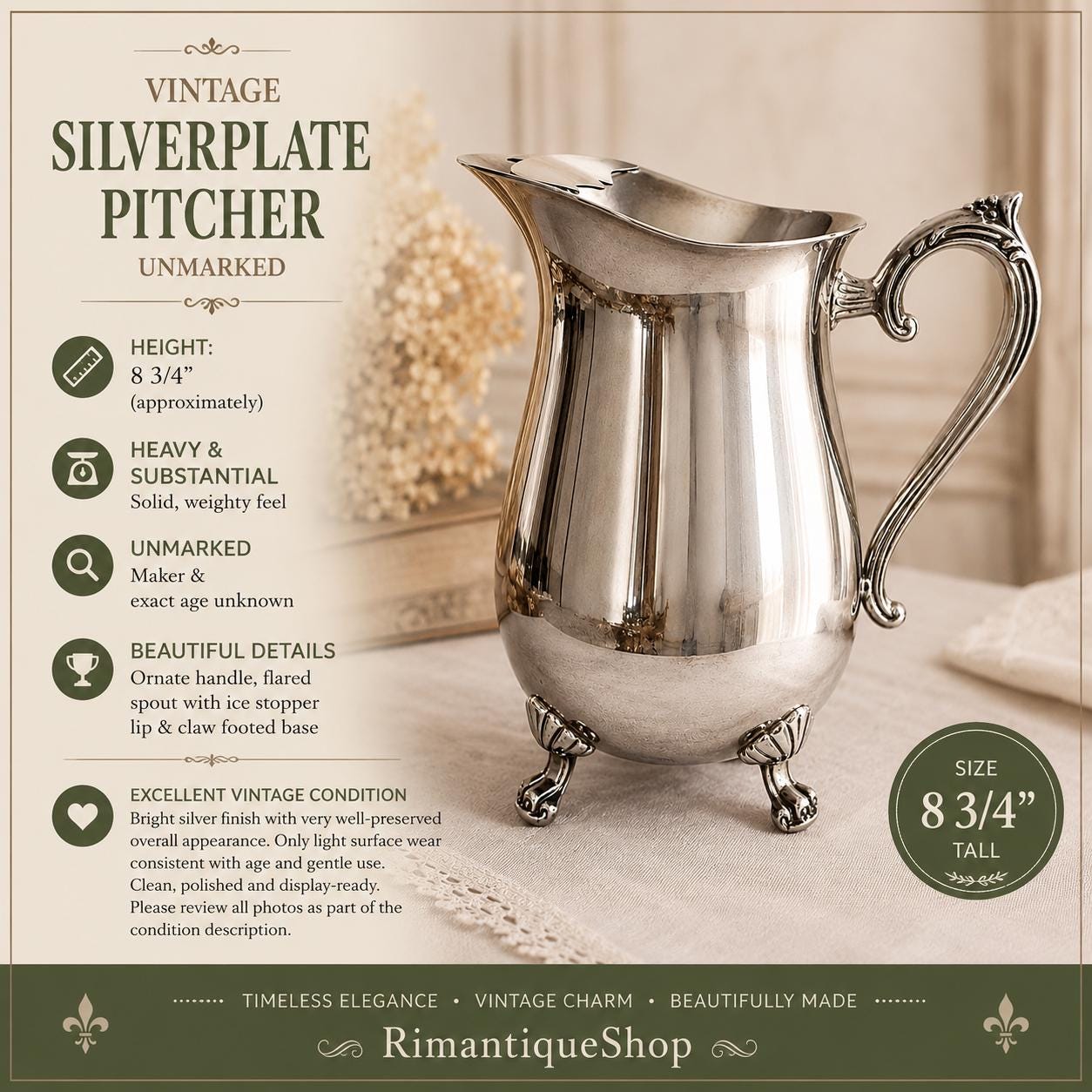 Vintage Silver-Plated Pitchers – Elegant Footed Design – Sold Individually