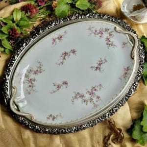 Vintage Limoges Porcelain Tray with Ornate Silverplate Ellis Plate Tray