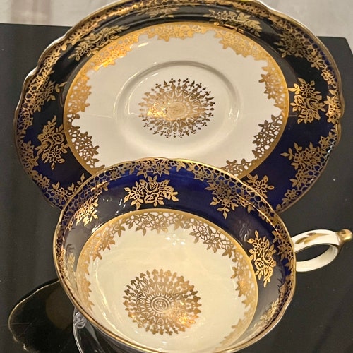 Two Colors Available: Vintage Double Warrant Paragon - Cobalt Blue w Gold or Light Blue shops - English Fine Bone China - Cup & Saucer
