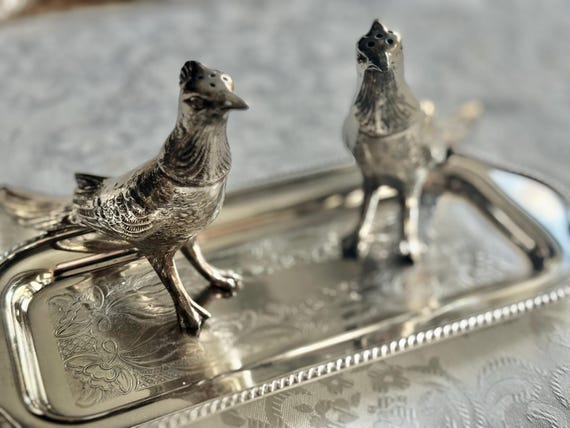 Exceptional & Rare Vintage Silverplate Pheasant Shakers — A Stunning Sculptural Pair — Silver Decor