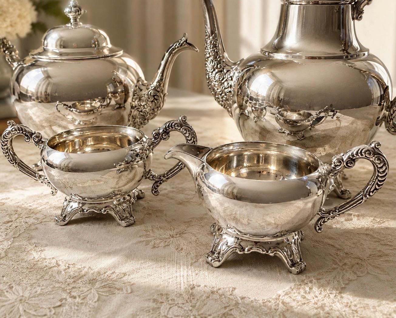 Vintage Wm. A. Rogers Canada Silverplate Tea & Coffee Service – 4 Piece Ornate Footed Set