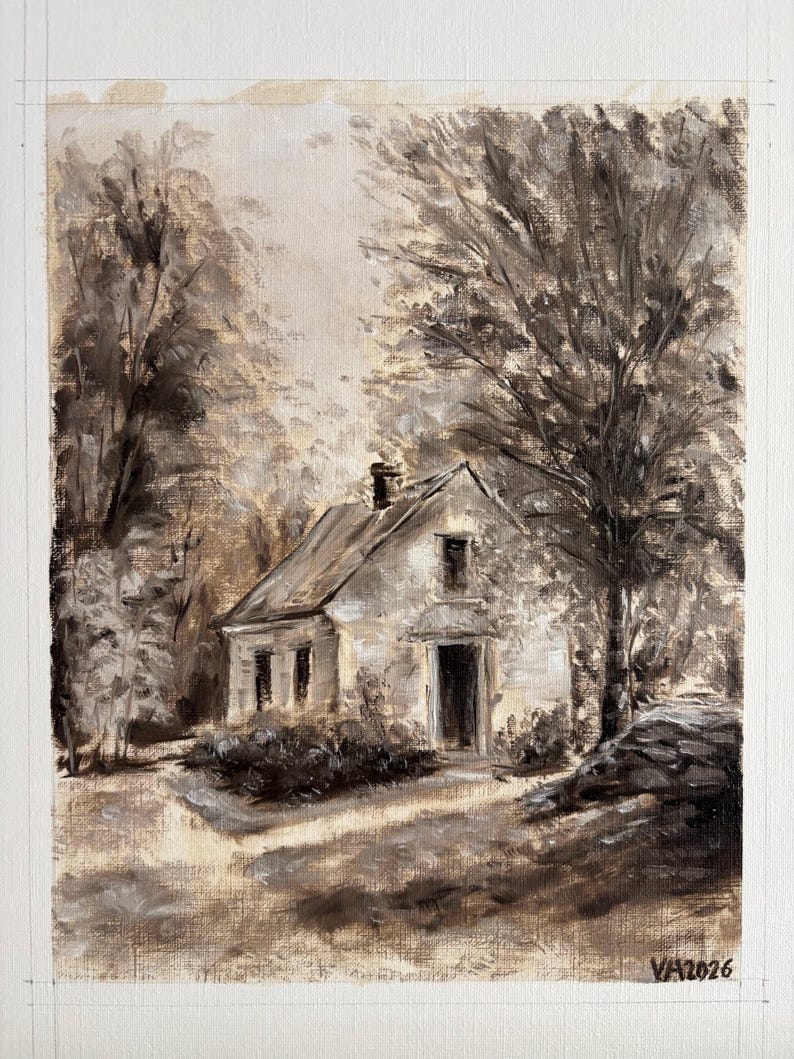 Original 8x10 Landscape Painting by Toronto Artist Vadim – Framed Cottage or Windmill Art immagine 2