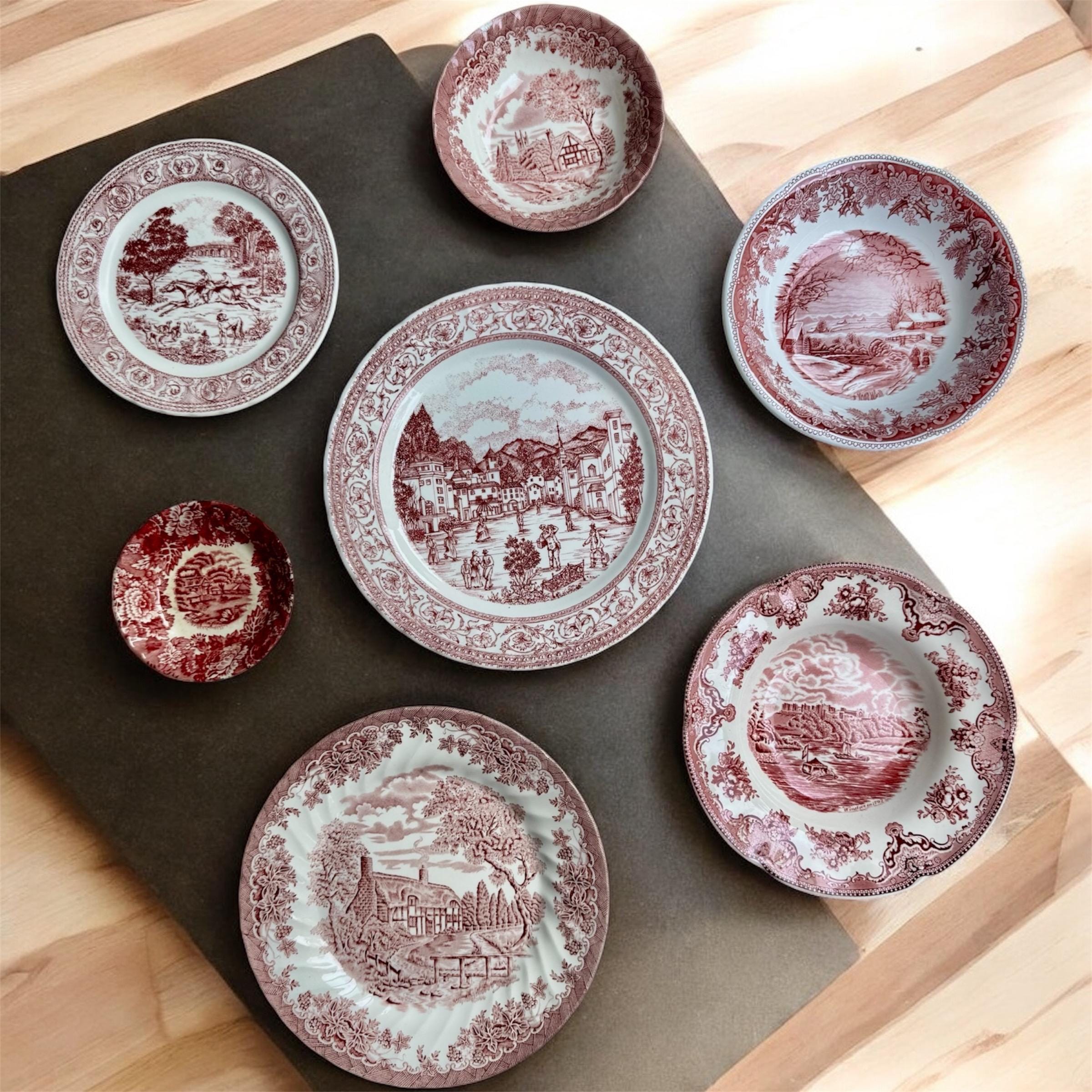 Vintage Red Transferware Plate Set – Country Village Scenes, Wall ...