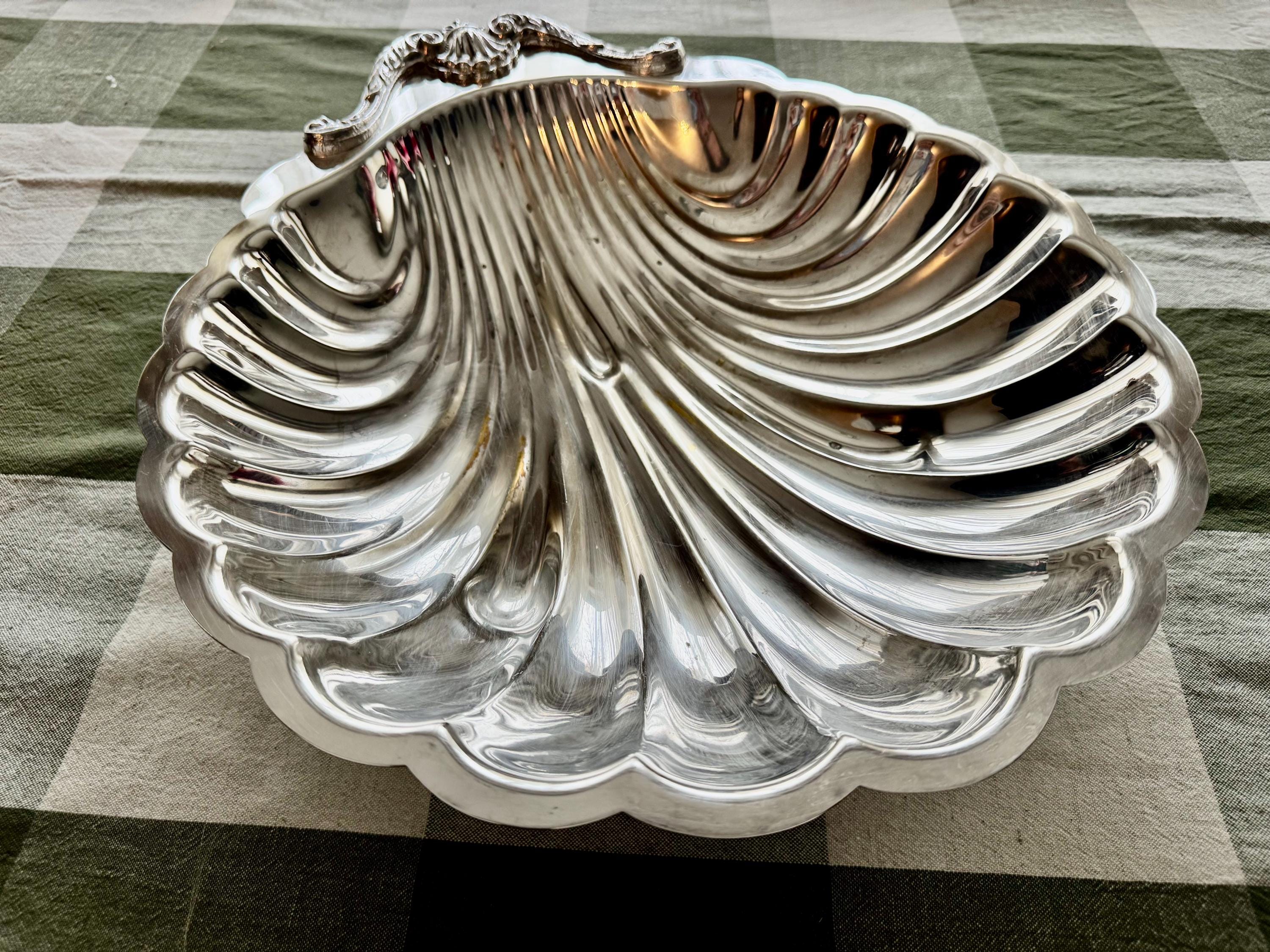 Vintage Grand 16″ Silverplate Shell Hostess Centerpiece Tray with Ornate Handle – Made in USA