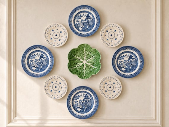 Curated 9-Piece Dinner & Salad Plate Set with Green Cabbage Bowl – Wall Gallery or Dining Set