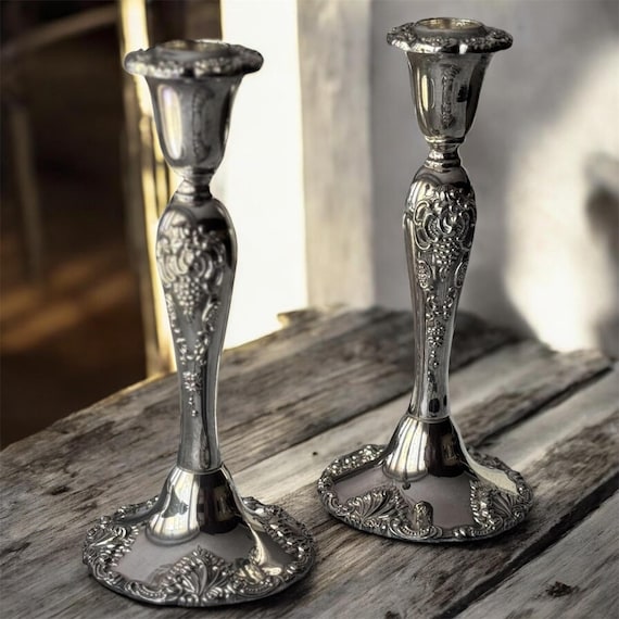 Vintage Heavyweight Godinger Silverplate Candlestick Holders – Ornate Grape & Leaf Design – Set of 2