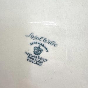 May include: A white ceramic surface with a fine network of cracks, featuring a dark blue stamp that reads Losol Ware, SHREWSBURY, with a crown icon, and the text KEELING & CO LTD, BURSLEM, ENGLAND, printed in a clear, centred arrangement.