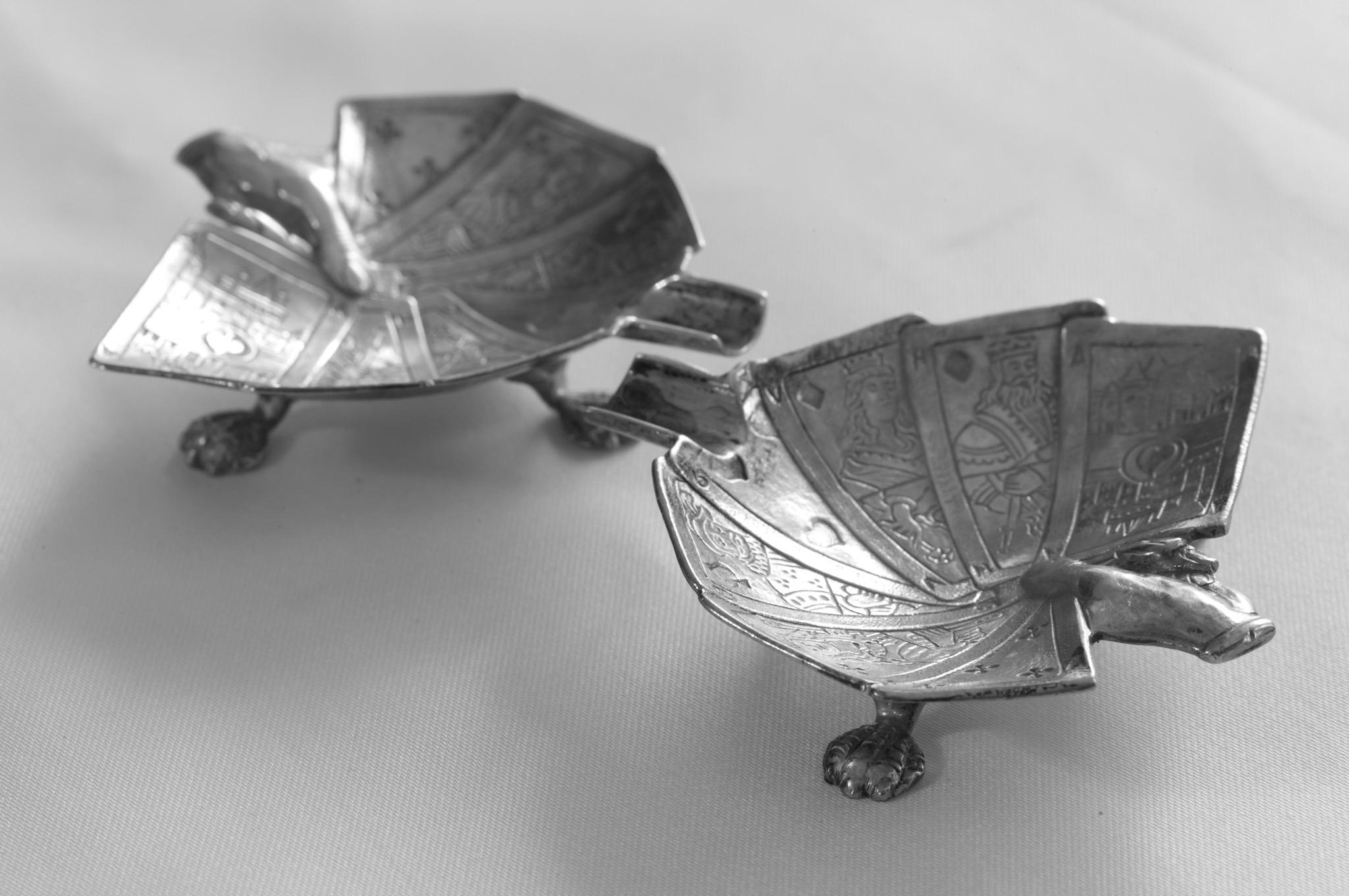 Rare Mid-Century European Sculptural Silver-Plated Playing Card Ashtrays — Pair — c.1950s