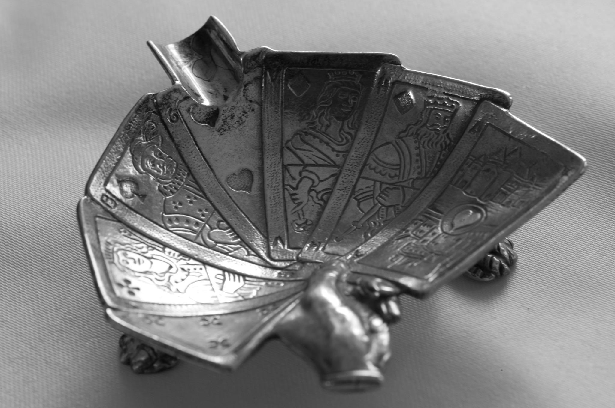 Rare Mid-Century European Sculptural Silver-Plated Playing Card Ashtrays — Pair — c.1950s