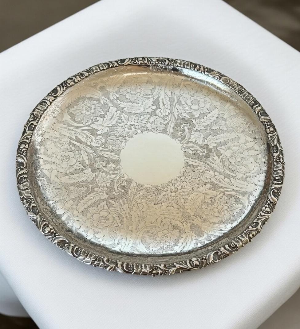 Antique Sheffield Silverplate Round Serving Tray – 11.5″ – Barker Ellis (c.1912+)