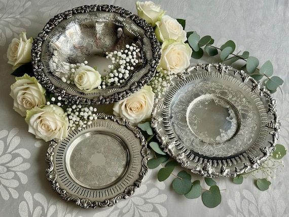 Vintage Silverplate Trays Bowls —  Sheffield Reproduction — Heavy Ornate Elegant